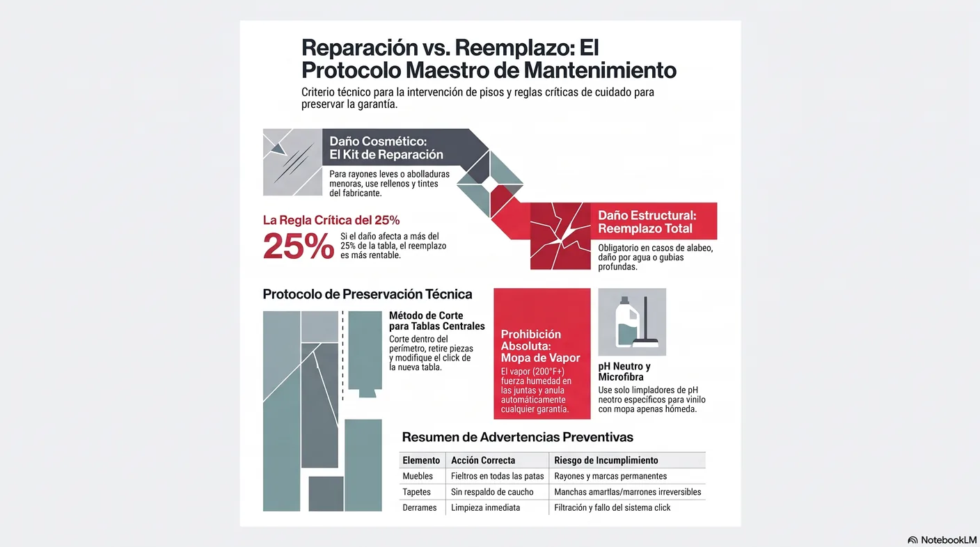 Diagrama de decisión que envía el daño cosmético al kit de reparación y el daño estructural o por agua al reemplazo, con la regla del veinticinco por ciento.