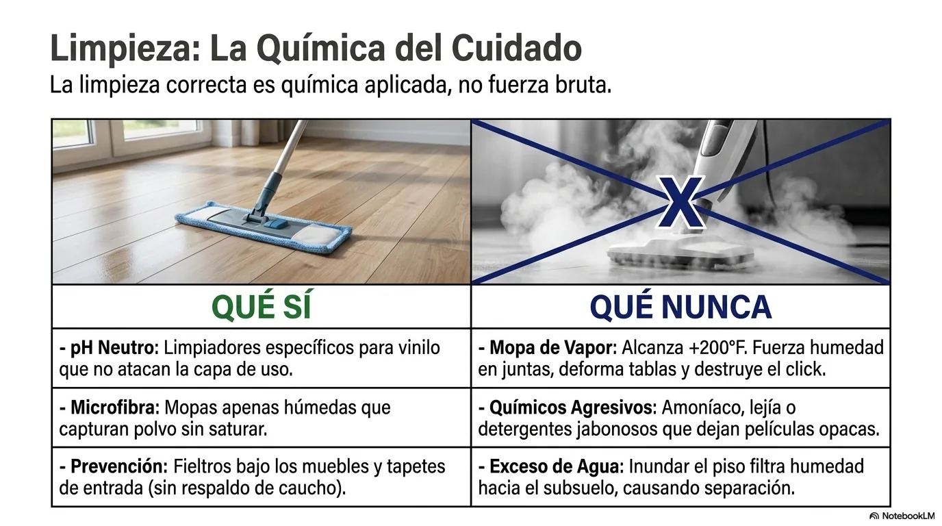 Imagen-tabla que separa lo correcto en limpieza —pH neutro y microfibra apenas húmeda— de lo prohibido: amoníaco, cloro, abrasivos, cera y exceso de agua.