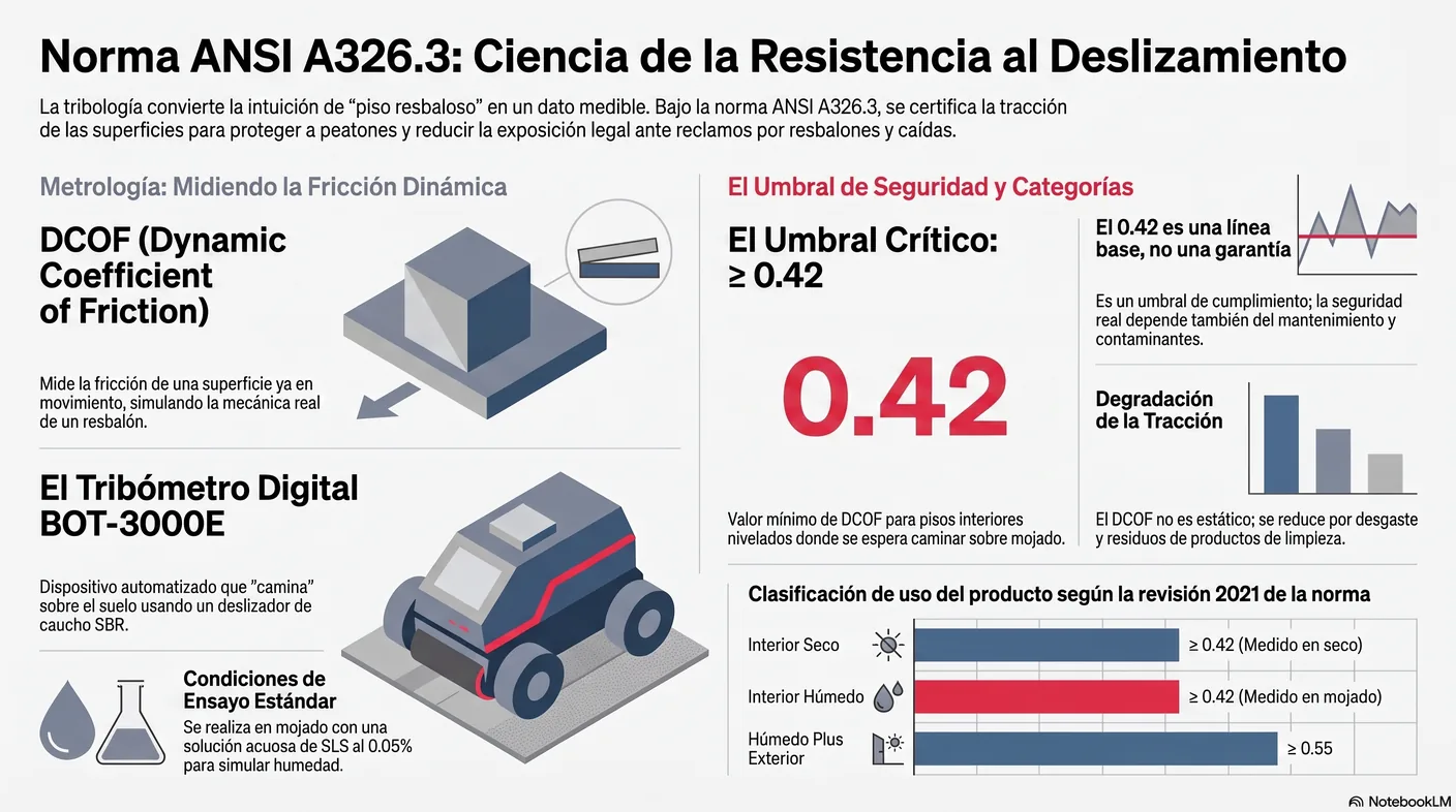Diagrama del DCOF: un tribómetro digital que camina sobre la superficie con un deslizador de caucho y solución acuosa, midiendo contra el umbral de cero coma cuarenta y dos.
