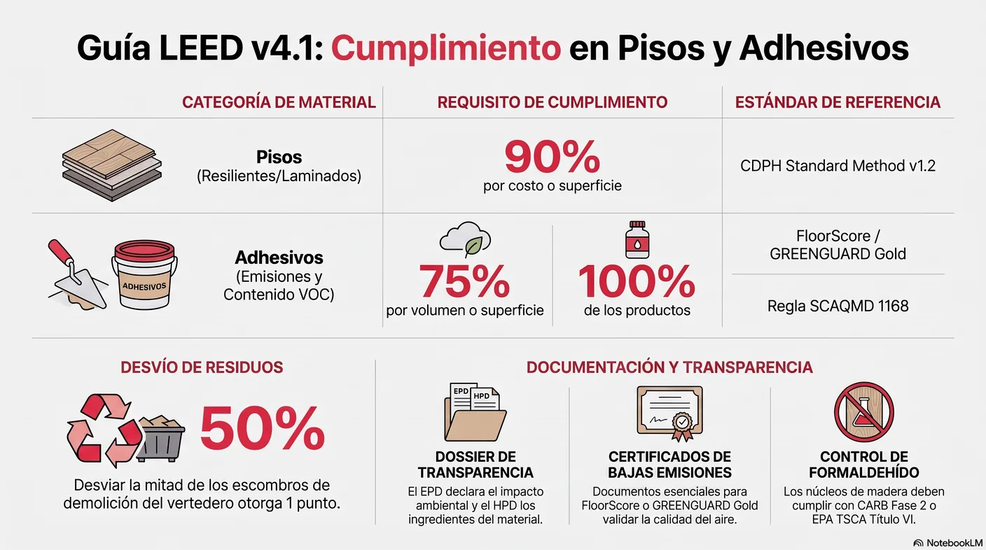 Imagen-tabla del crédito de baja emisión bajo LEED versión cuatro punto uno: el piso debe cumplir al menos el noventa por ciento, y los adhesivos el setenta y cinco por ciento en emisiones y el cien por ciento en contenido de compuestos orgánicos volátiles.