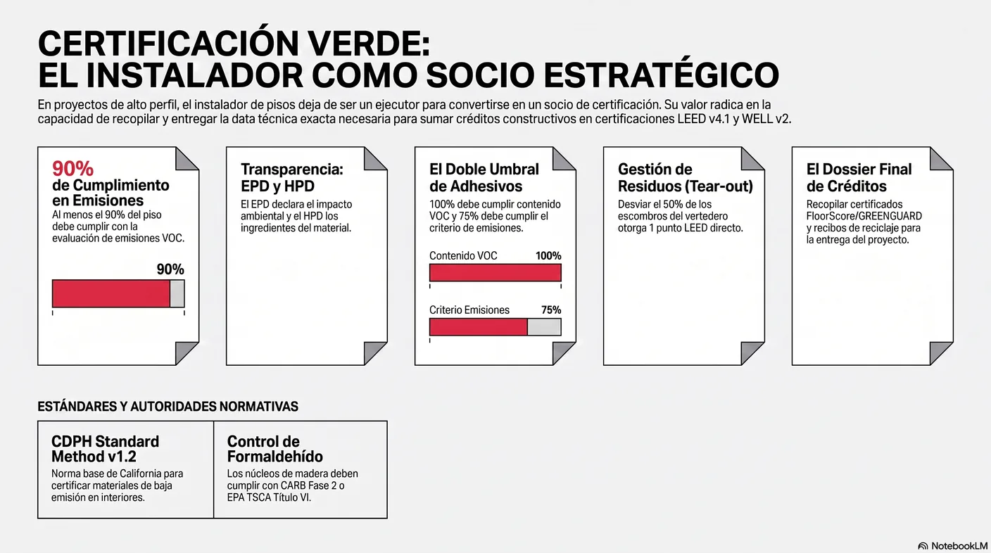 Diagrama que asocia cada documento verde con su función: el certificado de emisiones sustenta el crédito de baja emisión, el EPD el de materiales y recursos, el HPD el perfil de salud, el cumplimiento de formaldehído satisface a CARB y a la EPA, y el FSC acredita el origen responsable de la madera.