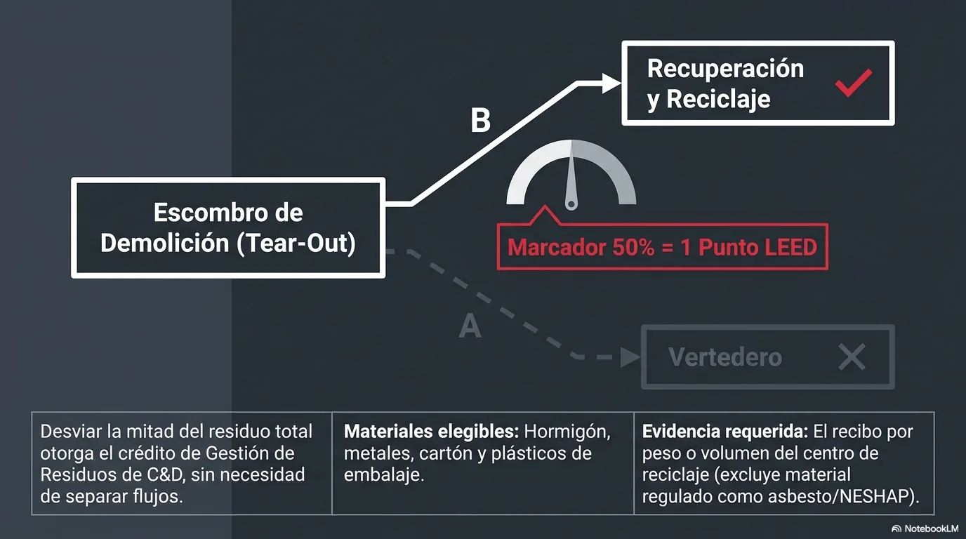 Diagrama del crédito de desvío de residuos: los escombros del tear-out se separan hacia recuperación, reúso y reciclaje, y desviar el cincuenta por ciento del total otorga un punto, documentado con los recibos del centro de reciclaje.