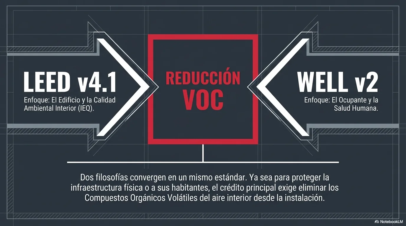 Diagrama que contrasta el enfoque de LEED en el edificio con el de WELL versión dos en las personas que lo habitan, ambos convergiendo en el mismo eje: la reducción de compuestos orgánicos volátiles.