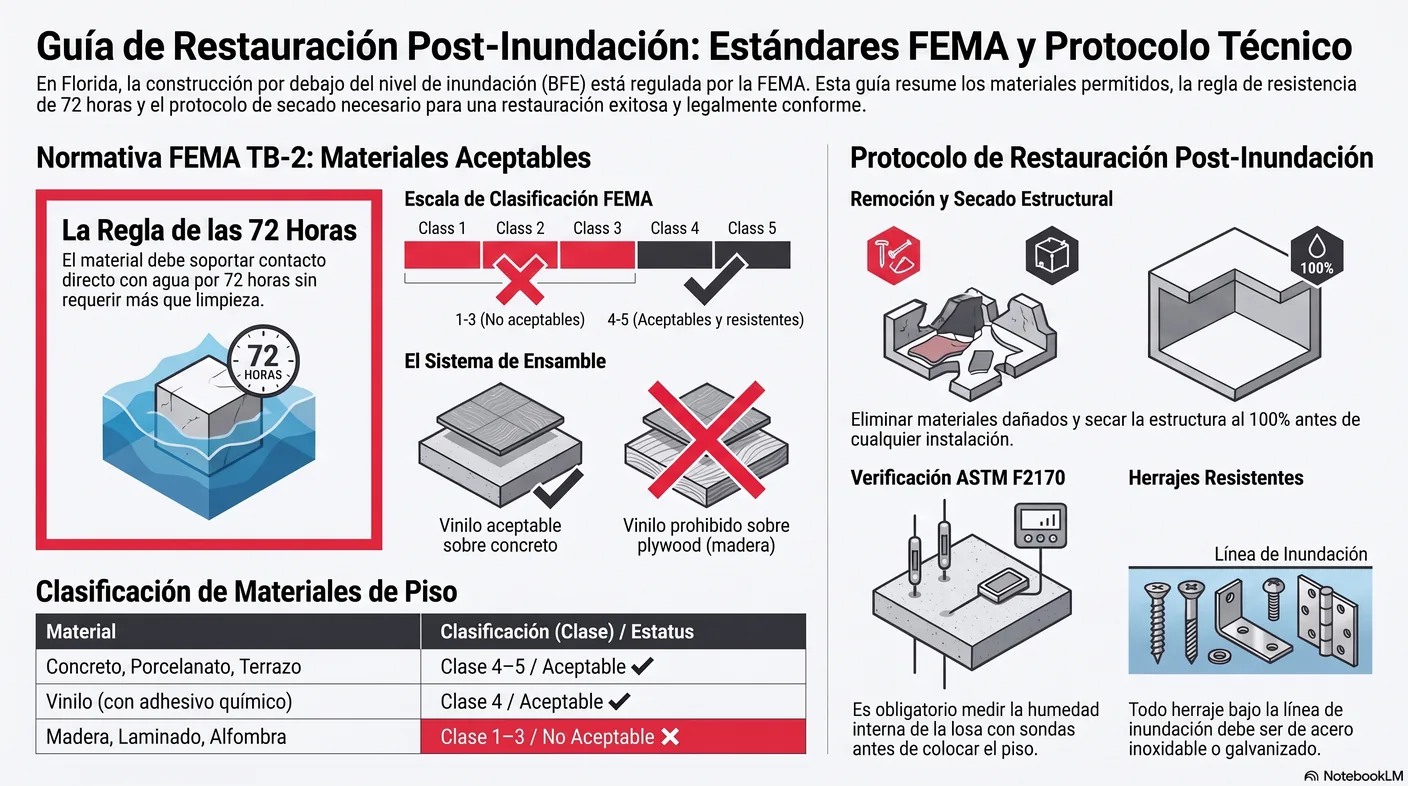 Diagrama de la clasificación FEMA del Boletín Técnico dos: las clases uno a tres son inaceptables y las clases cuatro y cinco son aceptables, definidas por soportar al menos setenta y dos horas en contacto con el agua sin más que una reparación cosmética.