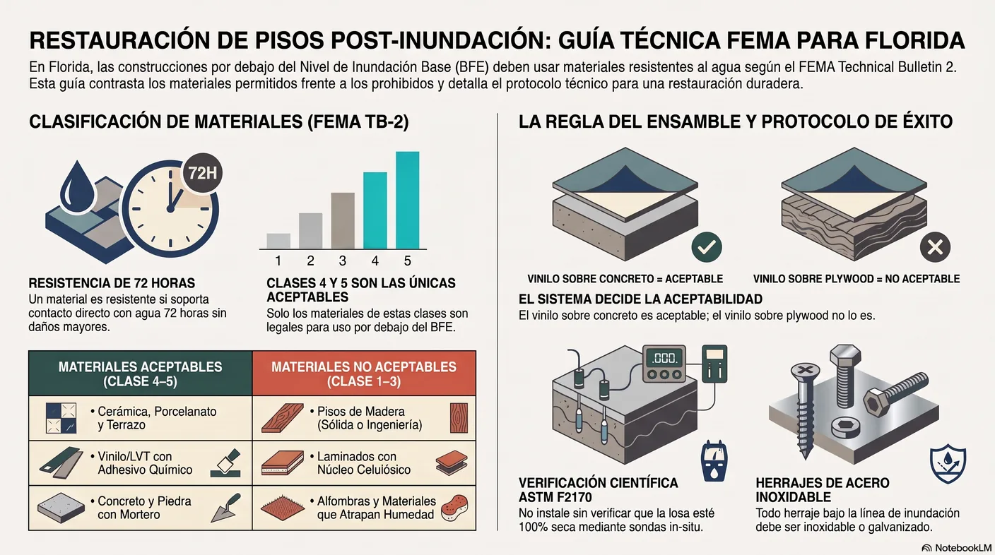 Imagen-tabla que separa los pisos aceptables bajo la línea de inundación —concreto, cerámica, porcelanato, terrazo y vinilo o LVT con adhesivo de fraguado químico— de los no aceptables: madera sólida y de ingeniería, laminado de núcleo celulósico y alfombra.