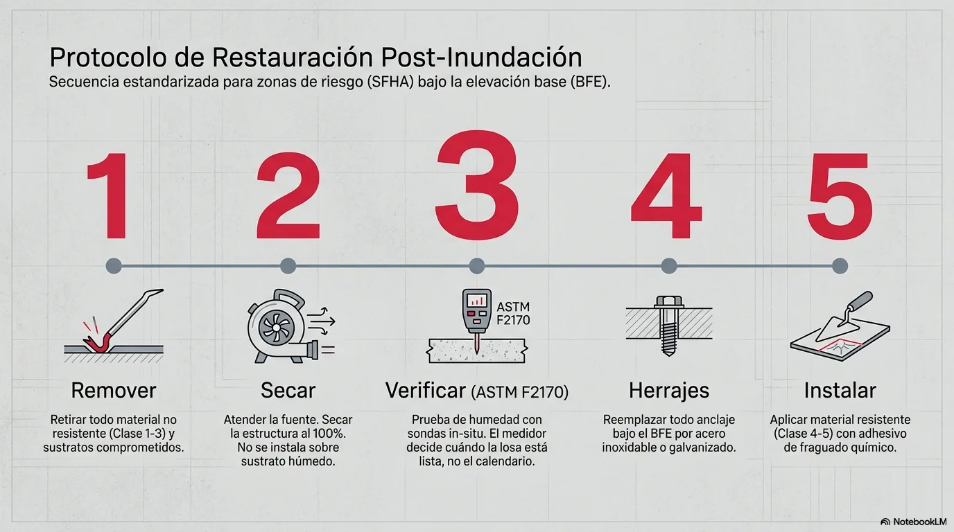 Infografía de los cinco pasos de la restauración: remover lo dañado, atender la fuente y secar la estructura, verificar la losa con ASTM F2170, reemplazar los herrajes por acero inoxidable o galvanizado, e instalar el material resistente según el fabricante.
