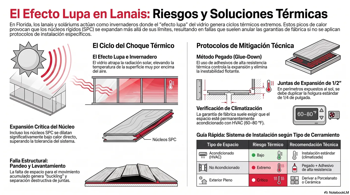 Diagrama del efecto lupa de un cerramiento acristalado: la radiación solar entra, calienta el piso a temperaturas extremas y, en un piso flotante, los ciclos repetidos de expansión y contracción superan la capacidad del sistema y producen pandeo, levantamiento y separación de juntas.