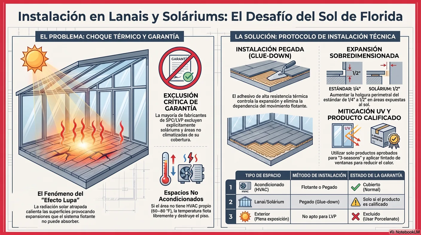 Aviso de que la gran mayoría de los fabricantes de SPC y vinílico excluyen explícitamente lanais, soláriums y porches estacionales de su garantía, por lo que instalar un flotante estándar en estos espacios suele anular la garantía y provocar una falla; el profesional verifica la garantía del producto antes de comprometerse.