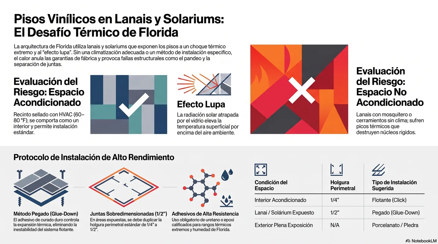 Diagrama que contrasta un espacio acondicionado —sellado, con climatización propia y temperatura en rango, que se comporta como interior— con uno no acondicionado, como un lanai con mosquitero o un cerramiento sin clima, donde la temperatura flota con el sol y el choque térmico hace estragos.