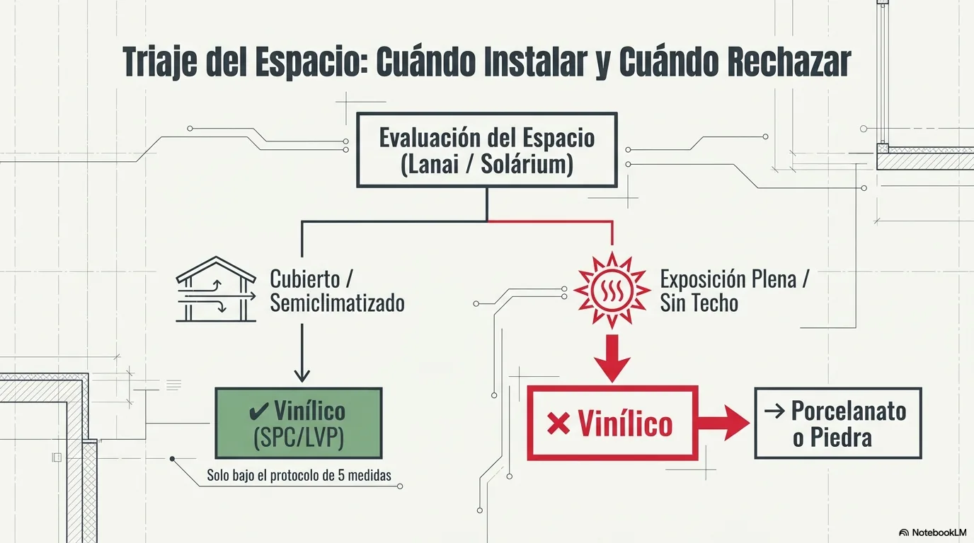 Diagrama de decisión que envía los espacios cubiertos y calificados al sistema vinílico pegado, y los de exposición plena, sin techo, al porcelanato, la cerámica o la piedra, porque el vinílico no está hecho para el exterior real.