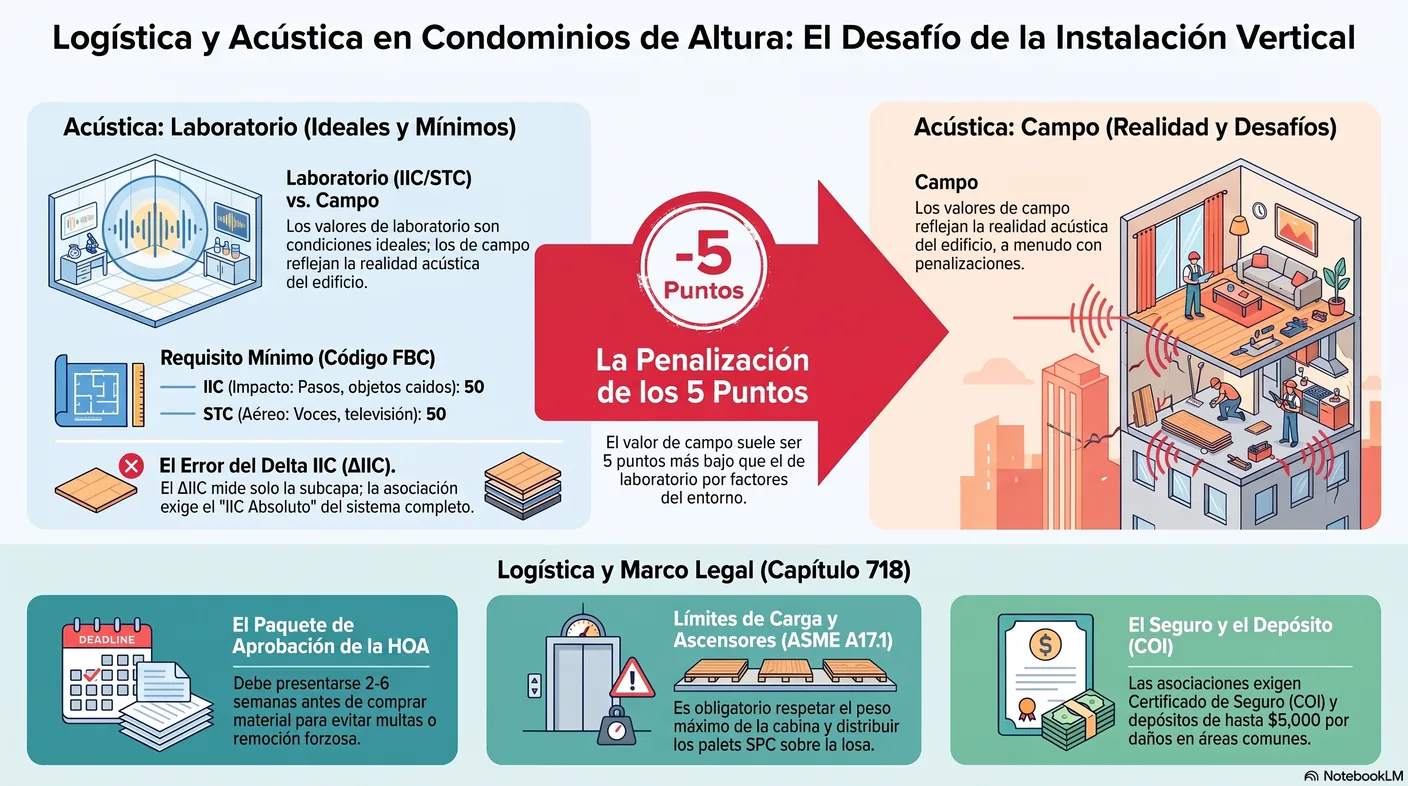 Diagrama que distingue la calificación medida en laboratorio de la medida en el edificio real, que suele resultar unos cinco puntos más baja —la penalización de campo es una realidad de código—, por lo que la presentación debe especificar cuál se cita y la autoridad puede exigir prueba de campo posterior a la instalación.