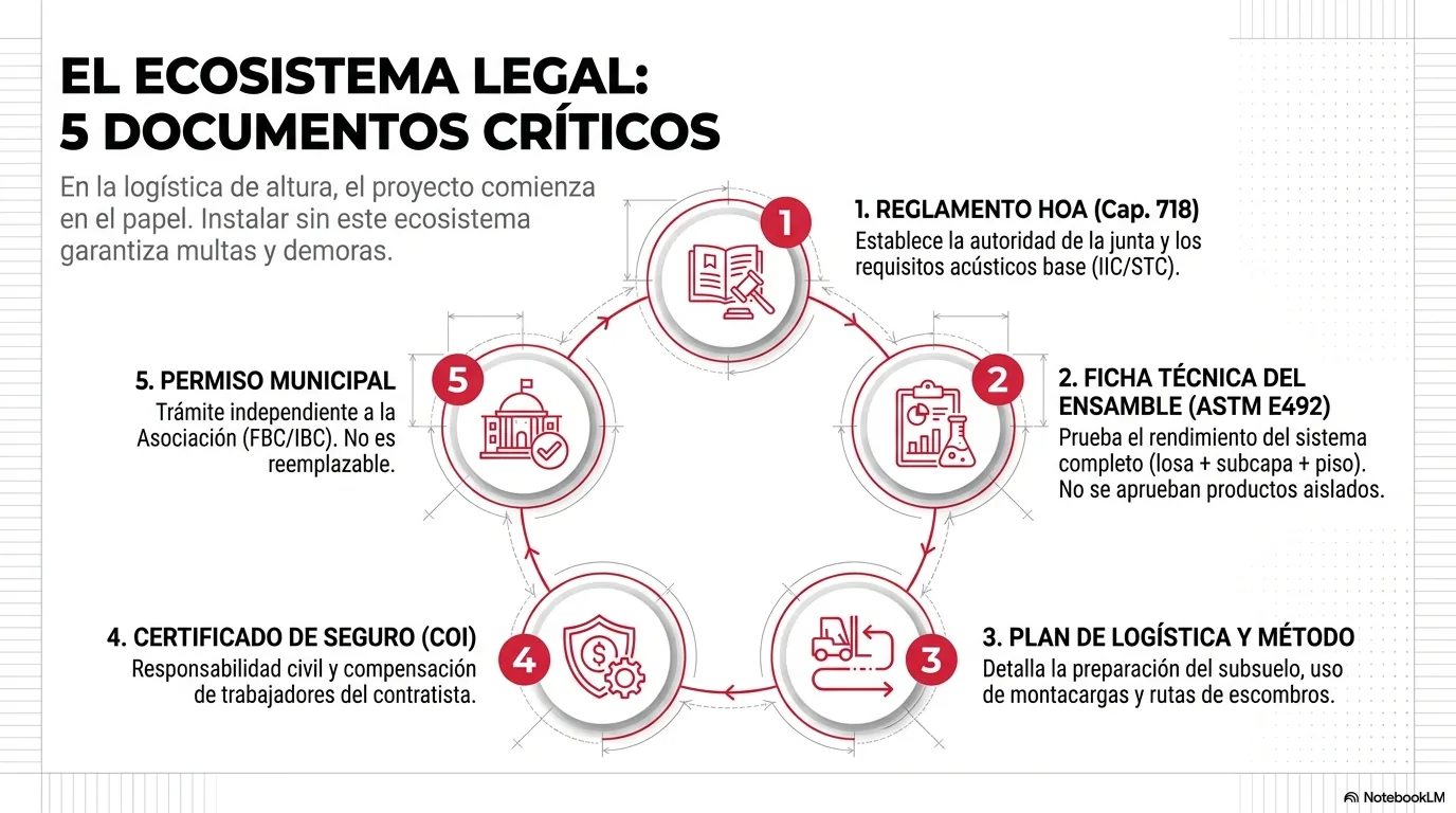 Infografía del paquete de aprobación típico —fichas del piso y de la subcapa, documentación del ensamble probado, notas del método y plan de preparación, y el certificado de seguro del contratista— con las reglas de oro: presentar antes de ordenar el material, esperar de dos a seis semanas, y nunca instalar sin aprobación.