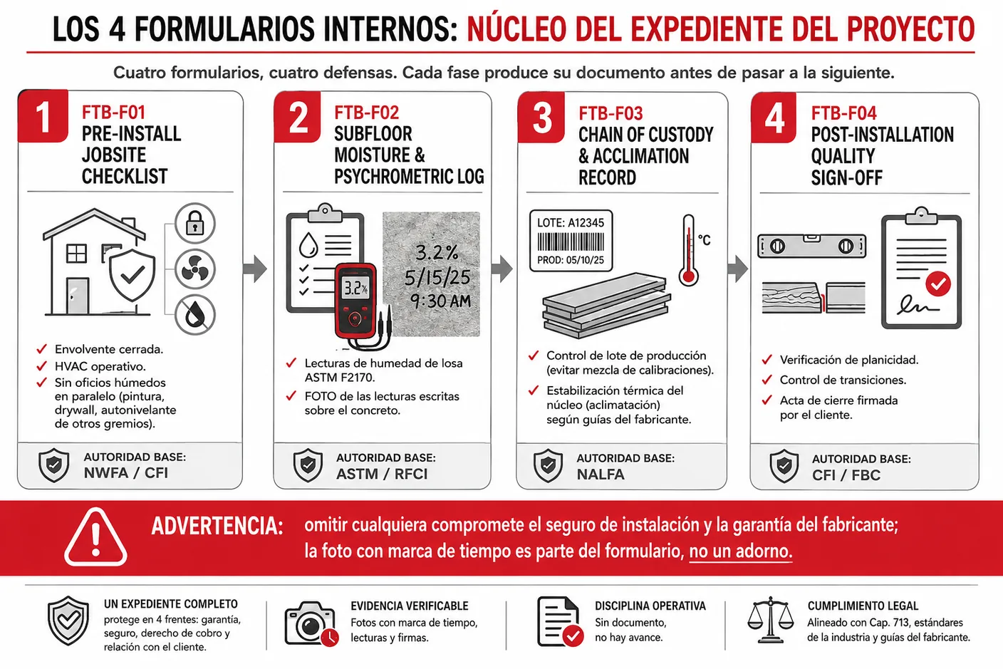 Infografía de los cuatro formularios obligatorios del expediente: el checklist previo a la instalación, el registro de humedad de losa y condiciones del aire, la cadena de custodia y aclimatación del material, y el acta de cierre firmada, con la advertencia de que omitir cualquiera compromete la cobertura del seguro y la garantía.