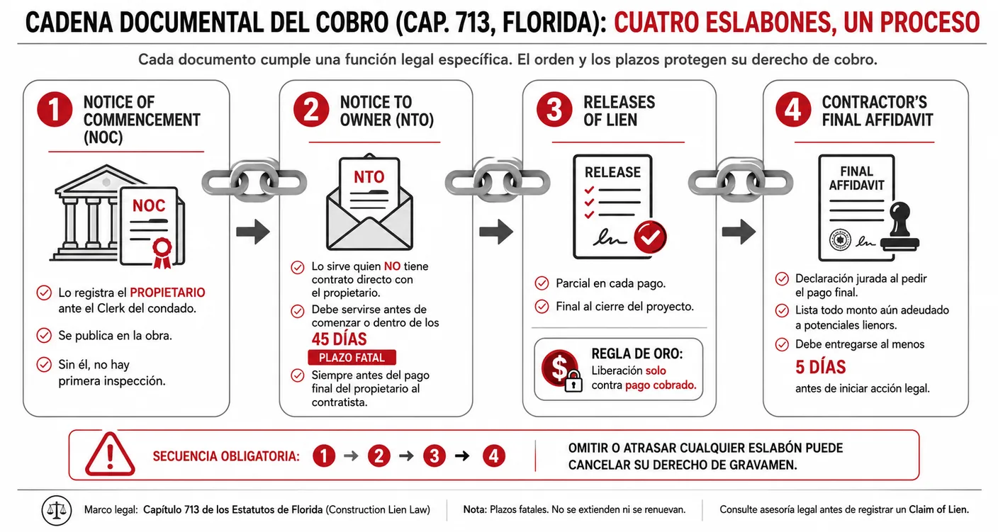 Diagrama de flujo de la cadena documental de la Ley de Gravámenes de Florida: el aviso de inicio que registra el propietario, el aviso al propietario que sirve el subcontratista dentro de los cuarenta y cinco días, las liberaciones parciales y finales que se intercambian por cada pago, y la declaración jurada final del contratista al pedir el pago final.