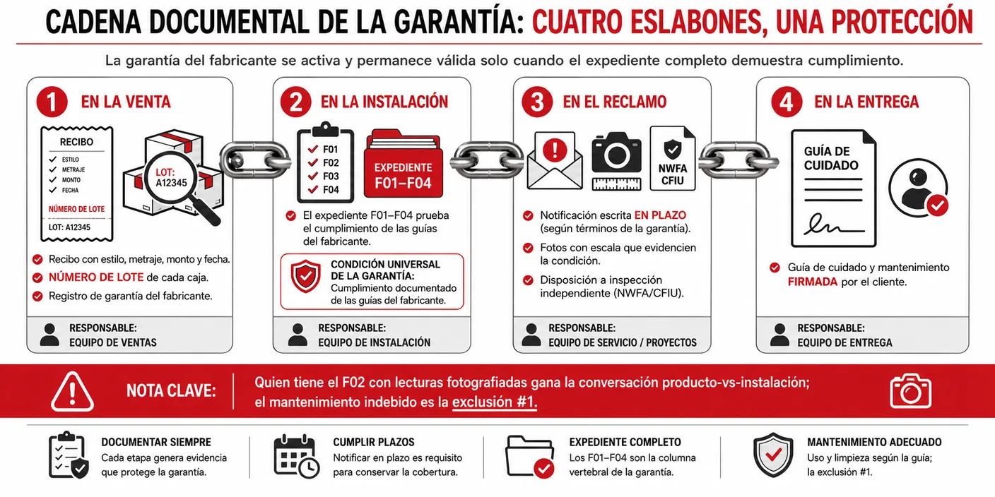 Diagrama de la cadena de garantía en cuatro etapas: en la venta el recibo con lote, en la instalación el expediente que prueba el cumplimiento de las guías del fabricante, en el reclamo la notificación en plazo con fotos, y en la entrega la guía de cuidado firmada por el cliente.