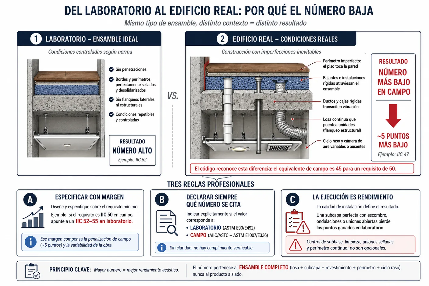 Diagrama que contrasta el ensamble ideal del laboratorio, sin penetraciones ni flanqueo, con el edificio real que tiene bajantes, ductos y perímetros imperfectos, explicando la caída típica de unos cinco puntos y las tres reglas profesionales: especificar con margen, declarar siempre qué número se cita y cuidar la ejecución.