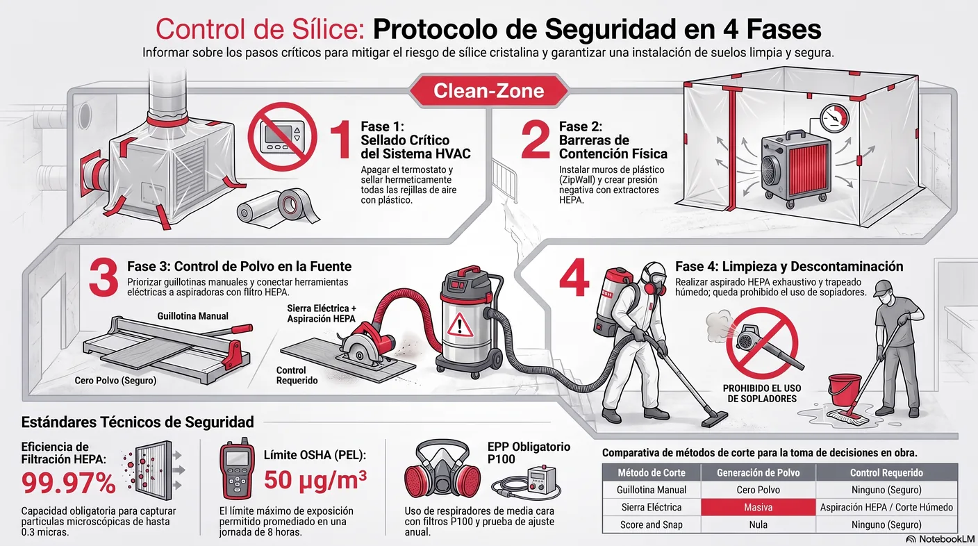 Infografía de las fases de contención Clean-Zone: sellar el sistema HVAC, levantar barreras físicas, crear presión negativa y limpieza final.