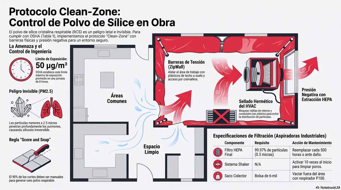 Diagrama de la presión negativa: un extractor con filtro HEPA en la ventana hace que el aire fluya siempre desde las zonas limpias hacia el área de trabajo.