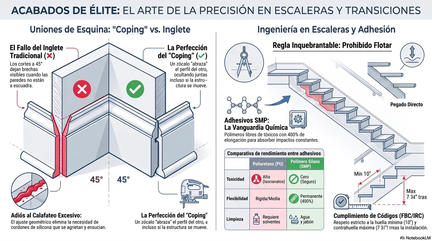 Diagrama del coping: el perfil de un zócalo recortado para abrazar la cara del zócalo adyacente, ocultando la brecha que dejaría un inglete en una esquina fuera de escuadra.