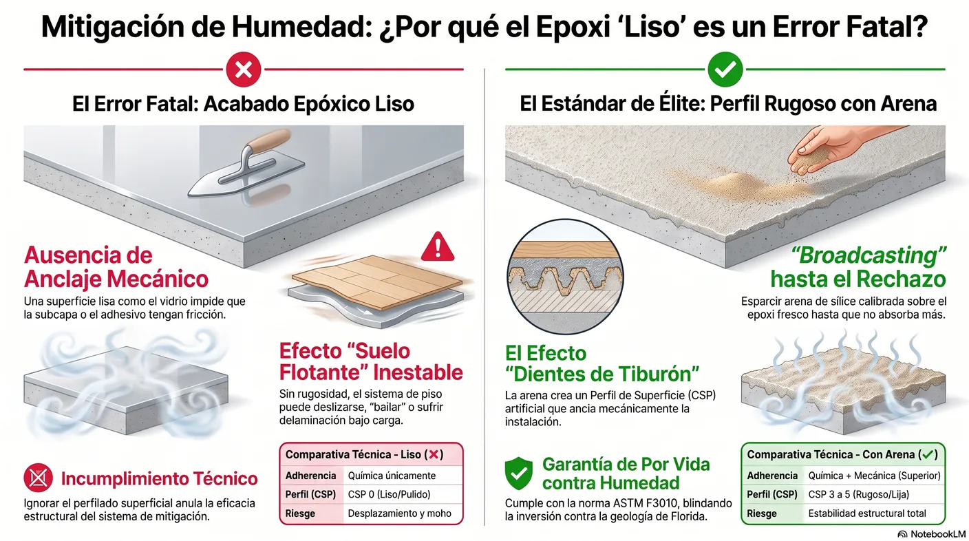 Diagrama que muestra cómo la arena esparcida hasta el rechazo crea un perfil rugoso, como dientes de tiburón, que ancla mecánicamente la subcapa o el adhesivo.