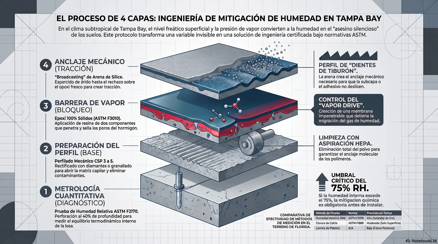 Infografía del sistema de dos capas: primera capa con arena, curado, retiro del exceso y segunda capa que encapsula formando una membrana continua.