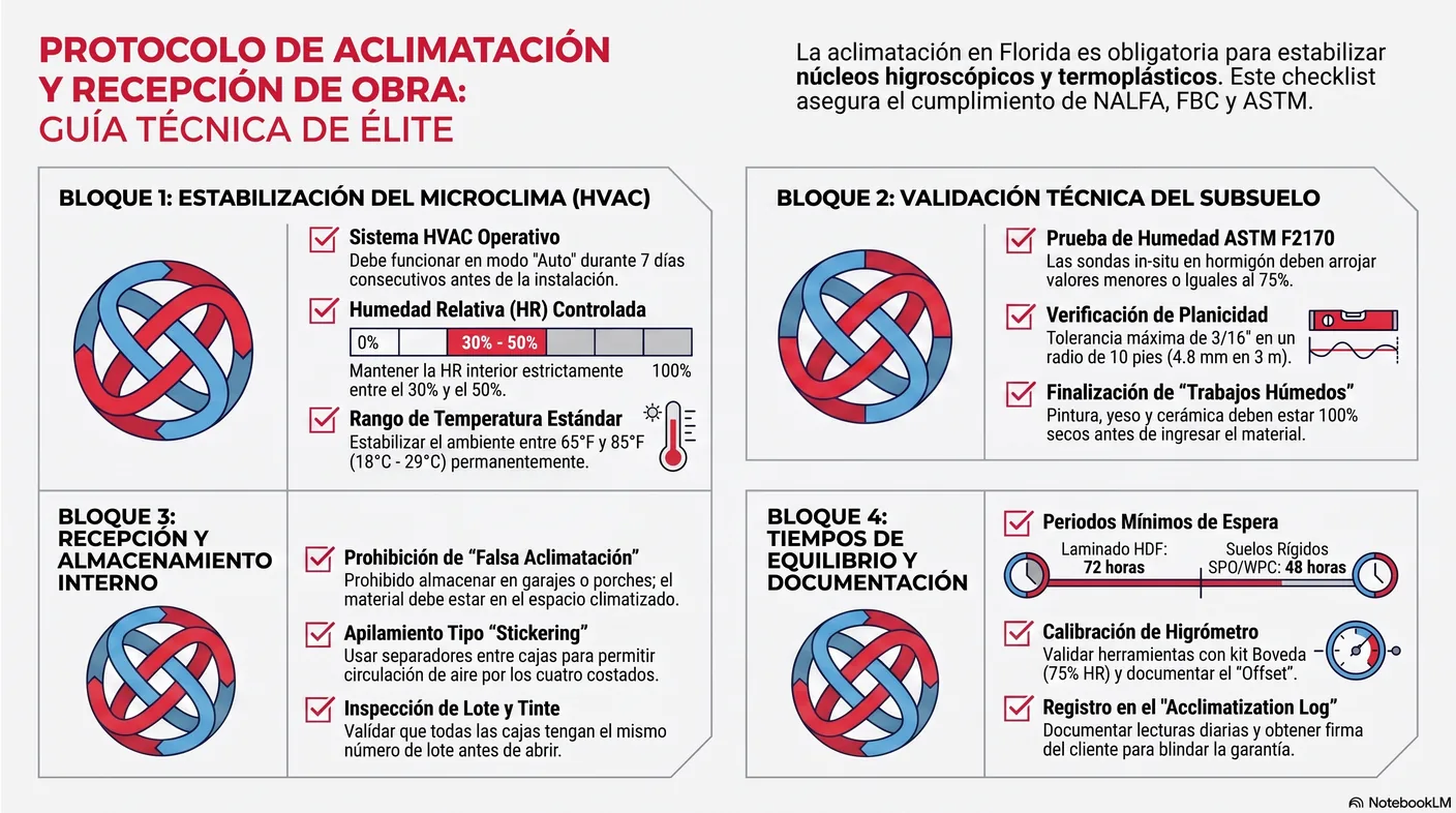 Infografía del checklist de recepción de obra agrupado en cuatro bloques: ambiente, subsuelo, material y registro firmado.