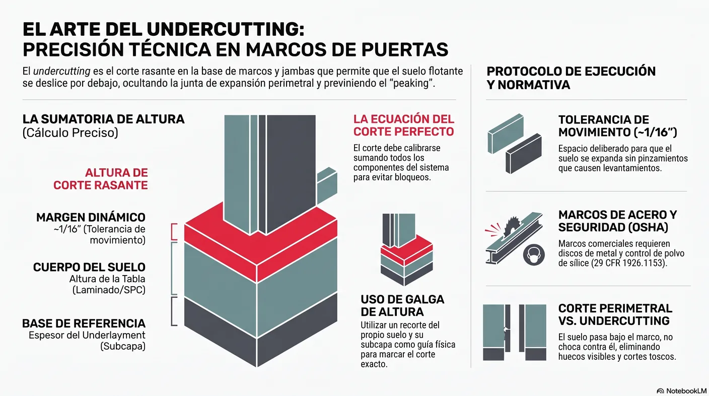 Diagrama del cálculo de la altura de undercutting: sustrato más subcapa más altura de la tabla más una tolerancia de movimiento, usando un recorte del piso como galga.