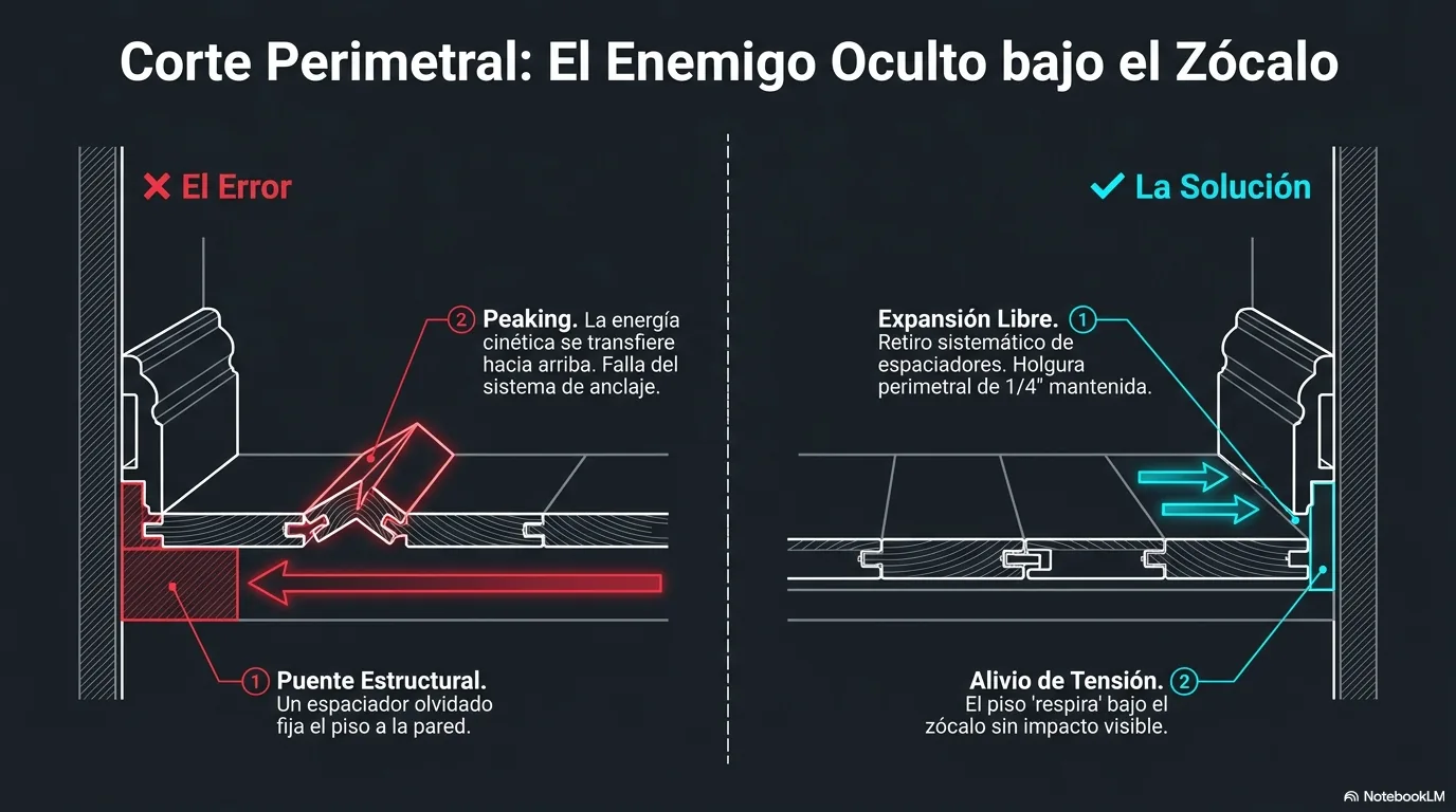 Diagrama que muestra cómo un espaciador olvidado bajo el zócalo fija el piso en un punto, creando un puente estructural que impide la expansión y provoca peaking.