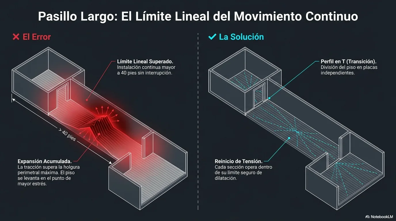 Diagrama que muestra cómo una corrida flotante que excede los treinta a cuarenta pies se divide con un perfil en T en tramos independientes que respiran por separado.