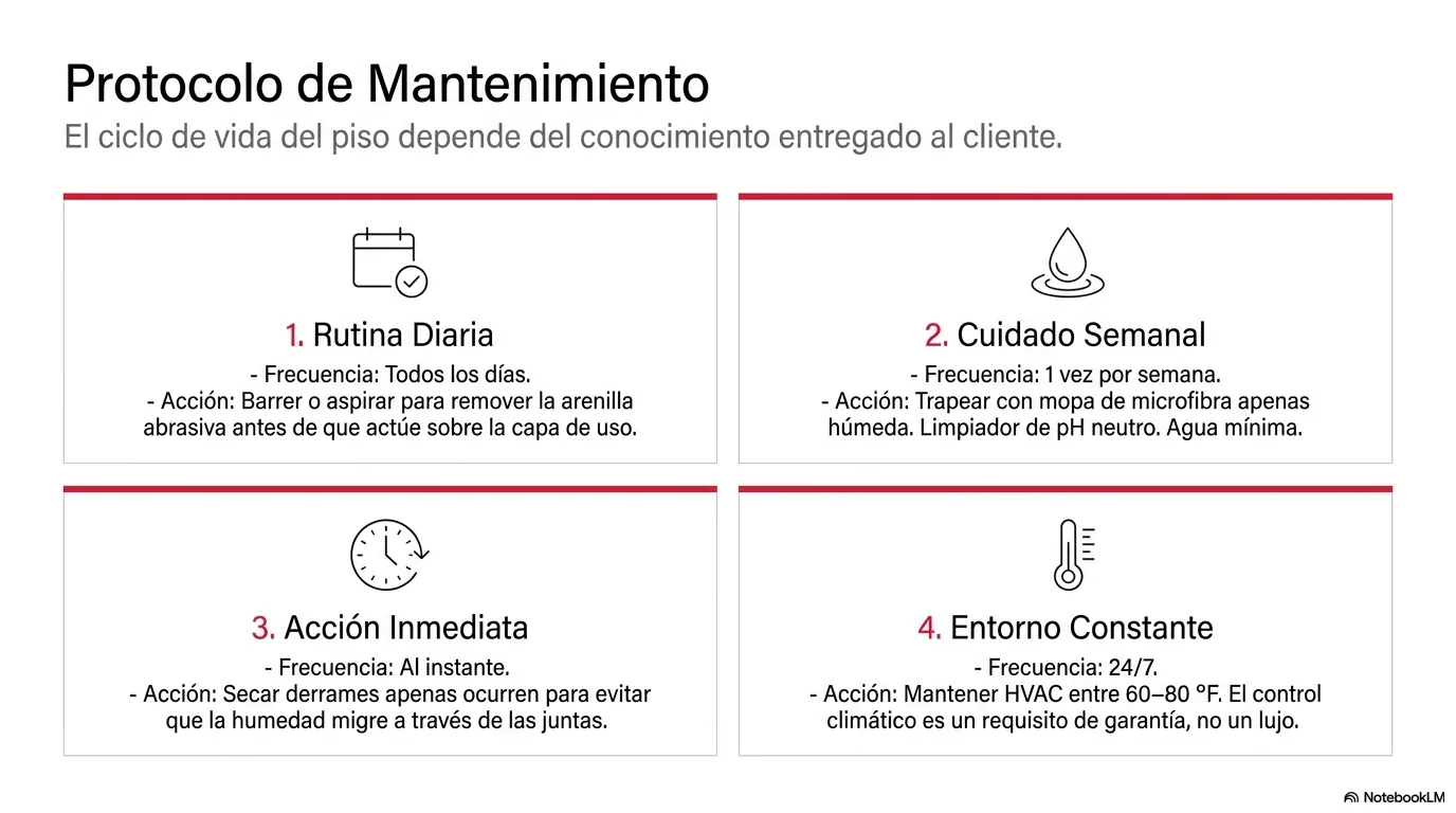 Infografía del protocolo de cuidado del cliente: barrer a diario, trapear semanal con pH neutro, controlar el ambiente y limpiar los derrames de inmediato.