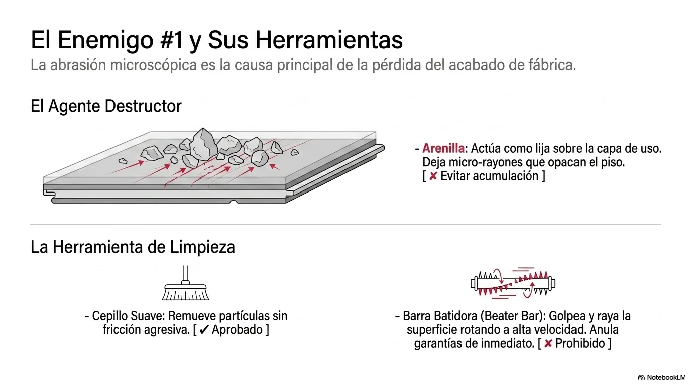 Diagrama que muestra la arenilla actuando como lija sobre la capa de uso y por qué se aspira con cepillo suave, nunca con barra batidora.