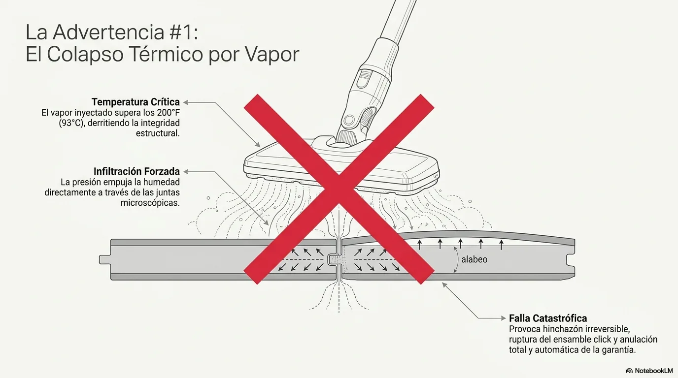 Diagrama en corte que muestra cómo el vapor a más de doscientos grados penetra por la junta, hincha el núcleo y provoca la falla del click.