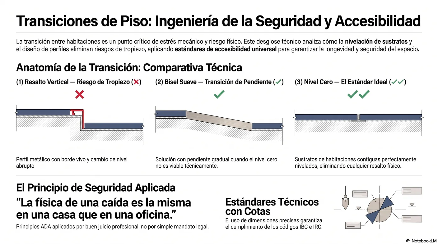 Diagrama en corte que contrasta un umbral con resalto vertical, que es un riesgo de tropiezo, con una transición a nivel o de bisel suave entre habitaciones, la solución recomendada para un residente que envejece en su casa.