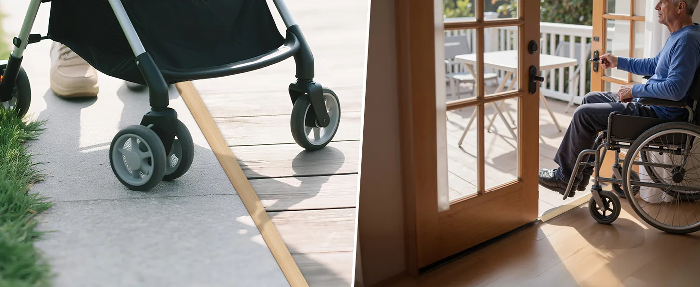 Transición a nivel entre dos tipos de piso en una vivienda, sin resalto ni umbral elevado, el tipo de detalle que permite el paso seguro de una silla de ruedas o un andador.