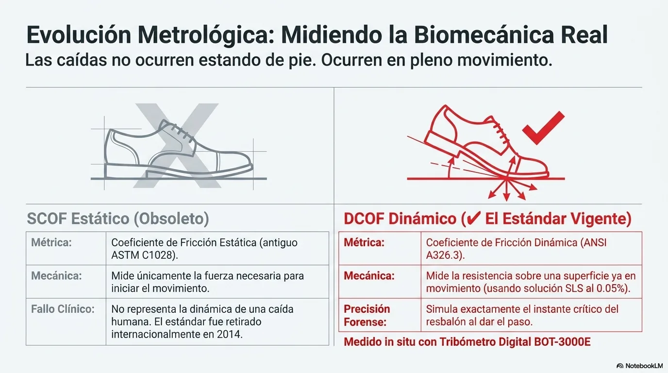 Diagrama que distingue el coeficiente dinámico, medido sobre una superficie ya en movimiento como un caminante, del antiguo estático, que medía el arranque desde el reposo.