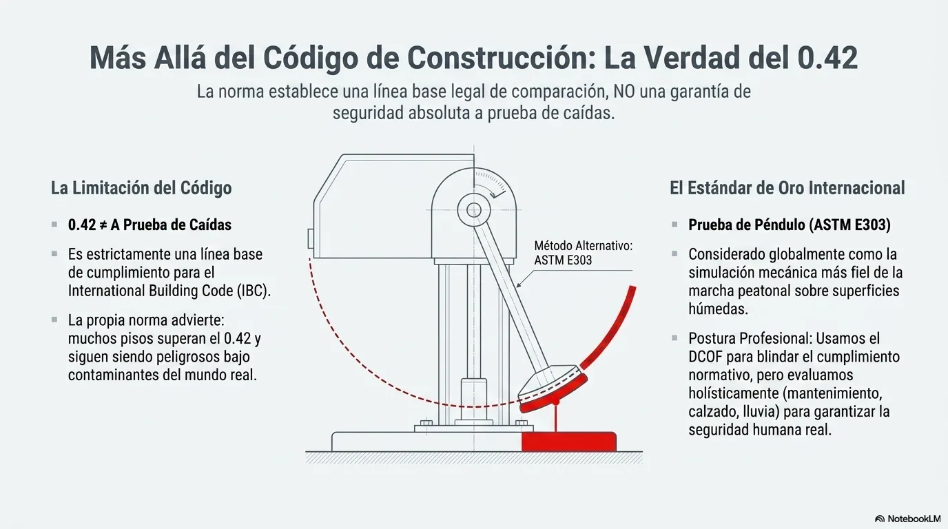 Diagrama del ensayo de péndulo, considerado más representativo de la marcha peatonal para evaluar el riesgo real de deslizamiento.