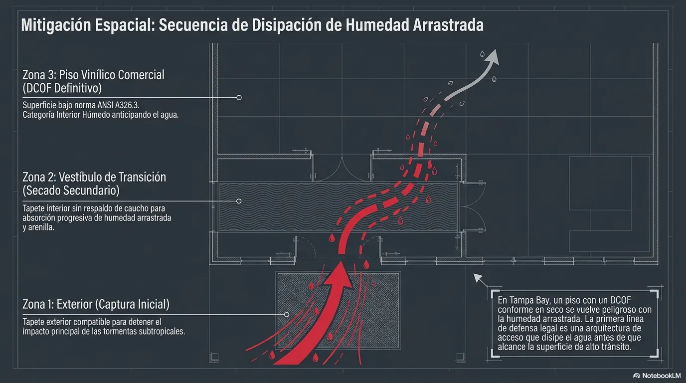 Diagrama de la zona de transición que disipa el agua de forma progresiva con tapete exterior, tapete interior y drenaje antes de llegar al piso vinílico.