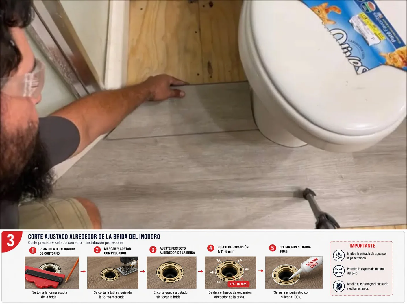 Corte de precisión del piso alrededor de la brida del inodoro usando una plantilla de contorno.